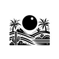 Minimalist Desert Sunset Black and White Illustration with Palm Trees, Cacti, Hills, and a Large Sun. vector