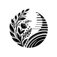 Intricate Black and White Botanical Illustration Within a Circle, featuring Floral and Geometric Elements. vector