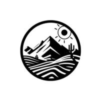 Black white circular features mountain peaks, desert landscape, cacti, and stylized sun, capturing serene, minimalist beauty. vector
