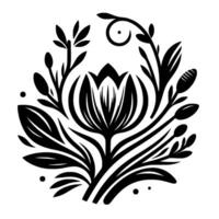Black and White Botanical Emblem Stylized Floral with Petals, Leaves, Buds, and Ornate Tendril Element. vector