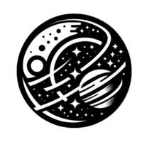 Abstract Black and White Space Emblem Planets, Stars, and Orbital Lines Within a Circular Frame, Depicting Cosmic Travel. vector