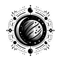 Black and white celestial mandala , featuring a striped planet embraced by a crescent moon, stars, dotted circles, and a decorative border. vector