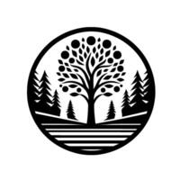 Black and white minimalist nature scene enclosed in a circle a fruit tree, evergreen trees, and horizontal lines. vector