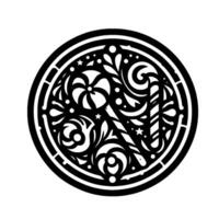 Ornate Black and White Christmas Ornament with Candy Cane, Swirls, Stars, and Floral Elements in a Circular Composition. vector