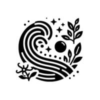 Stylized black and white featuring a wave, botanical elements, celestial bodies, and floral accents in a circular composition. vector