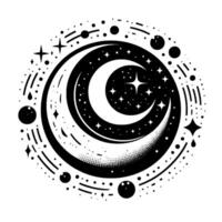 Intricate celestial monochrome artwork featuring a crescent moon, starry sky, and cosmic elements, with dotted and dashed embellishments. vector