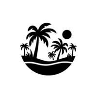 Black and White Silhouette of Tropical Island Scene with Palm Trees, Sun, and a Simple, Circular Border. vector