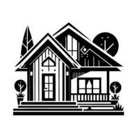 Modern Geometric Black and White House Illustration with Simplistic Trees, Shrubs and a Porch, on a White Backdrop. vector