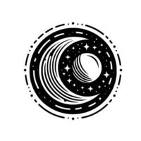 Black and White Celestial Emblem Crescent Moon, Stars, and Planet Within a Circular Border. vector
