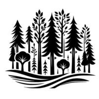 Stylized Black and White Forest Scene Featuring Diverse Trees on a Wavy Landscape, Silhouetted against a White Background. vector