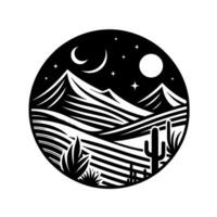 Circular Monochrome Desert Night Scene with Mountains, Crescent Moon, Stars, and Cacti in Geometric Style. vector