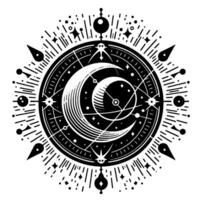 Intricate black and white celestial mandala featuring a crescent moon, stars, concentric circles, and radiating lines representing esoteric symbols. vector