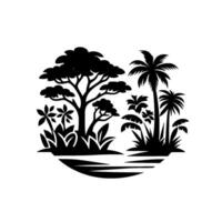 Tropical Paradise Silhouette A black and white illustrating a lush jungle scene with palm trees, dense foliage, and a stylized body of water, contained within a circular frame. vector