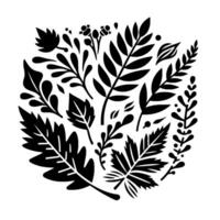A Stylized Black and White Botanical Composition Featuring Assorted Leaf Shapes, Delicate Branches, and Floral Elements Arranged in a Decorative, Circular Pattern. vector