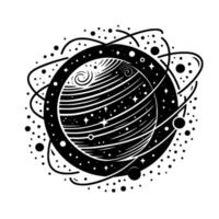 Intricate Black White Illustration of a Celestial Sphere with Orbiting Elements, Spirals, Stars, and Cosmic Dust. vector