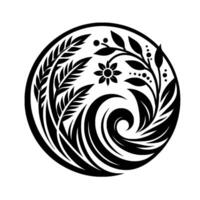 Black and white circular minimalist illustration featuring swirling water, wheat stalks, leaves, and a stylized flower, conveying natures balance. vector