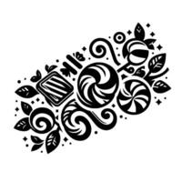 Whimsical Black and White Illustration Featuring Various Candies, Leaves, and Swirls, Arranged in a Decorative Composition. vector