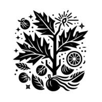 Symmetrical Black and White Illustration of a Central Tree with Oaklike Leaves, Fruits, and Citrus Elements, Surrounded by Geometric Shapes vector