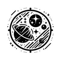 Minimalist black and white space illustration within a circle, showcasing planets, stars, and a Saturnlike planet with rings. vector