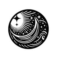 Celestial Harmony Abstract black and white circular featuring a stylized sun, crescent moon, and starry sky. vector