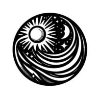Black and white circular emblem featuring a radiant sun and crescent moon symbolizing the passage of time. vector