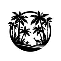 Black and white silhouette, a circular desert scene, palm trees frame a small hill with an elephant and camel against a white backdrop. vector