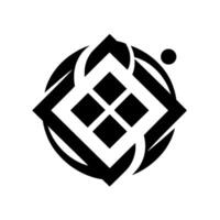 Monochromatic abstract geometric emblem featuring a central diamond with four squares, encircled by a bold circular , all against a white background. vector