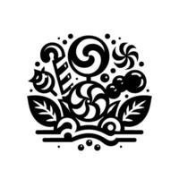 A whimsical black and white illustration of assorted candies and botanical elements arranged in a circular composition, suggesting a sweet, decorative emblem. vector