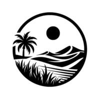 Minimalist monochrome desert landscape within a circle, featuring a palm tree, dunes, sun, and stylized vegetation, evokes serenity. vector