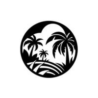 Silhouette of a tropical beach scene, inside a black circle, featuring palm trees, rolling hills, and a minimalist white background. vector