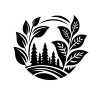 Stylized Black and White Nature Scene Featuring Trees, Leaves, and Rolling Hills in a Circular, Symbolic Composition. vector