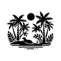Silhouette of a serene tropical scene a resting jaguar under palm trees, beneath a full moon, evoking tranquility. vector
