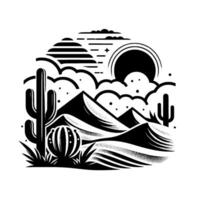 Stylized black and white desert landscape illustration featuring cacti, mountains, sun, and clouds within a circular . vector