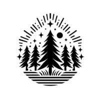 Silhouette of a forest under a starlit sky with a central starburst , all within an oval element. vector