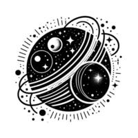 Intricate Black and White Celestial Illustration Featuring Planets, Moons, Stars, and Cosmic Orbits in Minimalist Style. vector