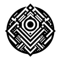 Intricate geometric emblem featuring a central target, framed within a symmetrical pattern of angular black and white shapes, inside a circle. vector