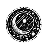 Celestial Circle A monochrome illustration of the cosmos with moon phases, planets, stars, and stylized constellations within a circular frame. vector