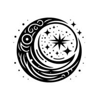 Intricate Black and White Crescent Moon with Stars and Swirls, Celestial , Symbolic Art. vector