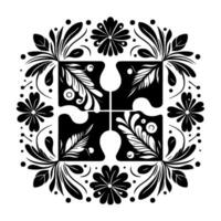 Intricate Black and White Floral Pattern in a Symmetrical, Circular Composition with Foliage and Dot Accents. vector