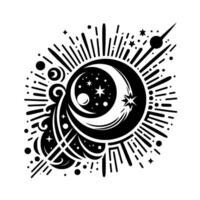 Celestial Burst A Stylized Black and White Illustration Depicting Moon, Stars, and Cosmic Energy, Abstract and Decorative vector