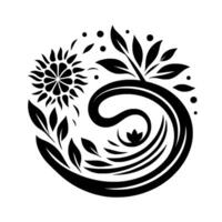Circular Black and White Floral Motif stylized sunflower, leaves, abstract lines, and dots, forming an elegant, balanced on white. vector