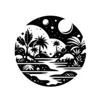 Celestial Tropical Oasis A Black and White Circular Illustration of Palm Trees, Lagoon, and a Moonlit Sky vector