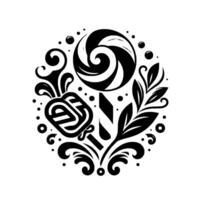 Black White, Circular Composition featuring a Lollipop, Candy, Decorative Swirls, Foliage, Dots, and Candied Elements. vector