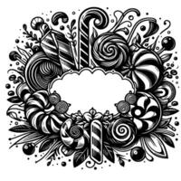 Intricate Black and White Illustration of Sweets and Treats, Forming a Decorative Frame with a Central CloudShaped Space for Text. vector
