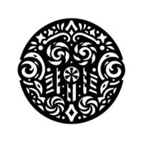 Ornate Black and White Circular Mandala with Swirls, Geometric Shapes, and Stars on a White Background, Ornamental . vector