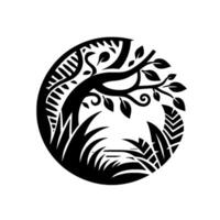 A stylized, minimalist black and white illustration depicting a tree with leaves, surrounded by grass, within a circular border. vector