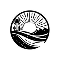 Black and White Circular Desert Landscape Palm tree, cacti, mountain range, rising sun with rays, flowing lines, stylized . vector