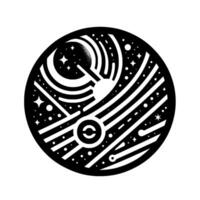 Circular Black and White Celestial A stylized representation of the cosmos with moon, sun, stars, and orbiting elements. vector