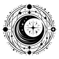 Circular Celestial Crescent Moon Starburst Center within an intricate network of Orbs, Lines Stellar Motifs in Black and White. vector