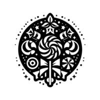 Black and White Candy Composition Swirl Lollipop, Treats, Stars, and Circle Frame on a White Background vector